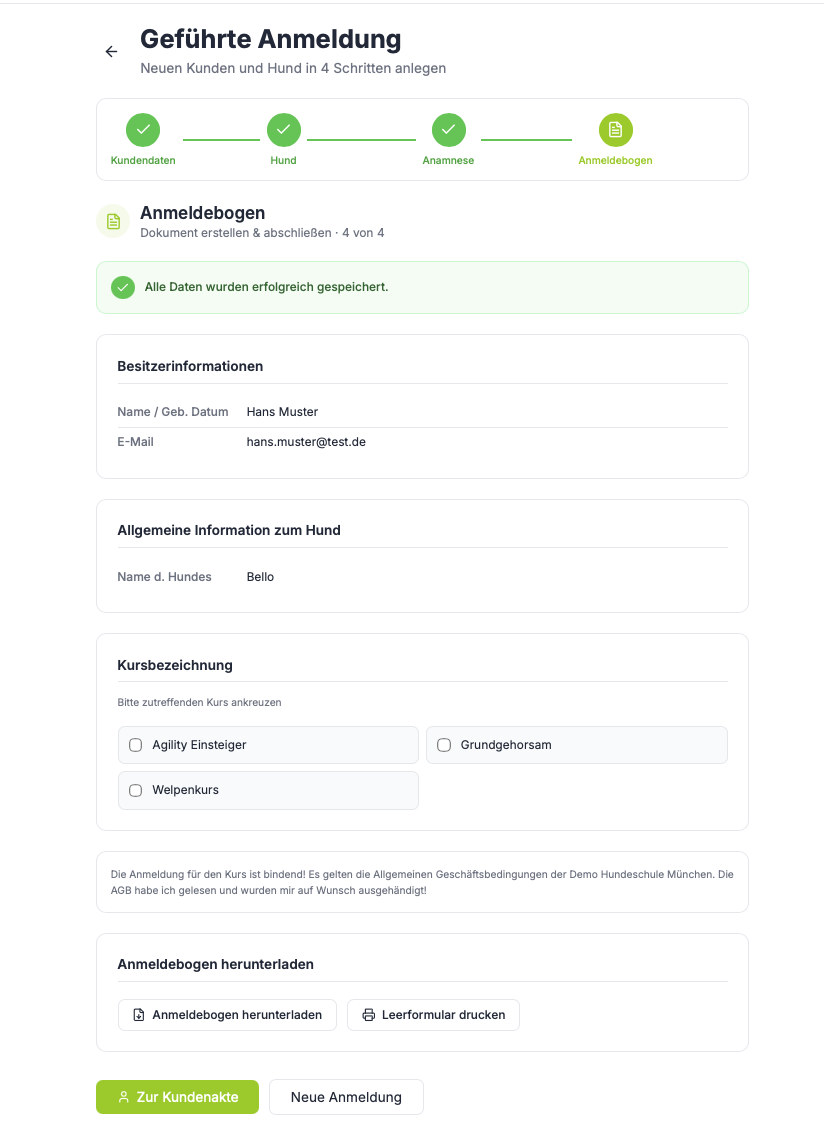 Geführte Anmeldung – Anmeldebogen